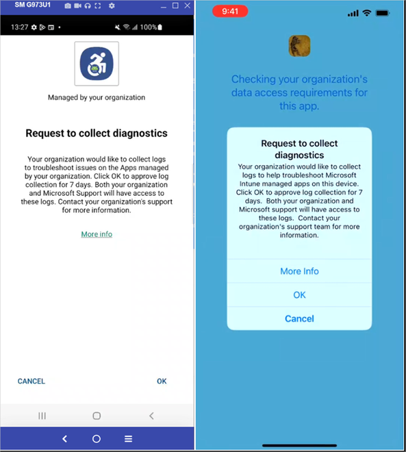Screenshot of an Android and iOS requests for diagnostics