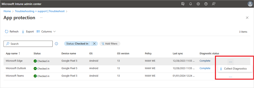 Screenshot of an admin center sending a Collect Diagnostics command from the Troubleshoot pane