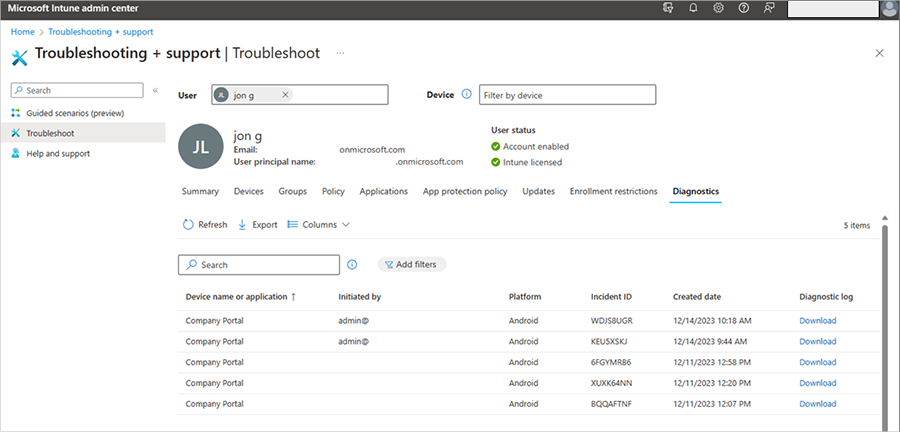 A screenshot showing the Diagnostics tab with the logs requested and available for Download