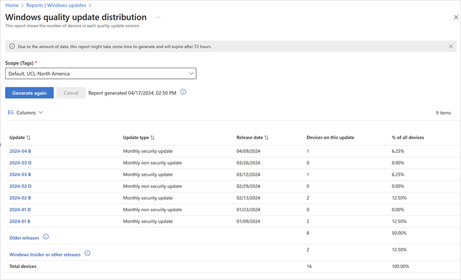 Screenshot of the Windows quality update distribution menu