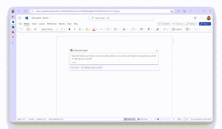 A GIF shows a user with a blank Word document open. They activate Copilot and request to "Create a 1-page presentation" using two files. An "i" icon indicates that one of the files has a sensitivity label. Copilot generates the new document, and a yellow banner appears, indicating that Copilot automatically applied the sensitivity label from the referenced file.