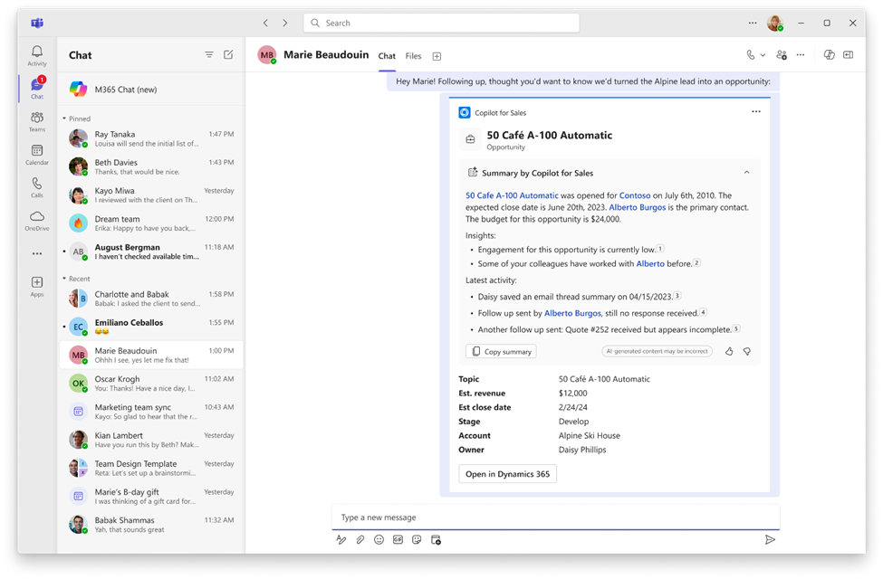 Screenshot demonstrating the new AI-generated summary in a Copilot for Sales Adaptive Card within Teams.