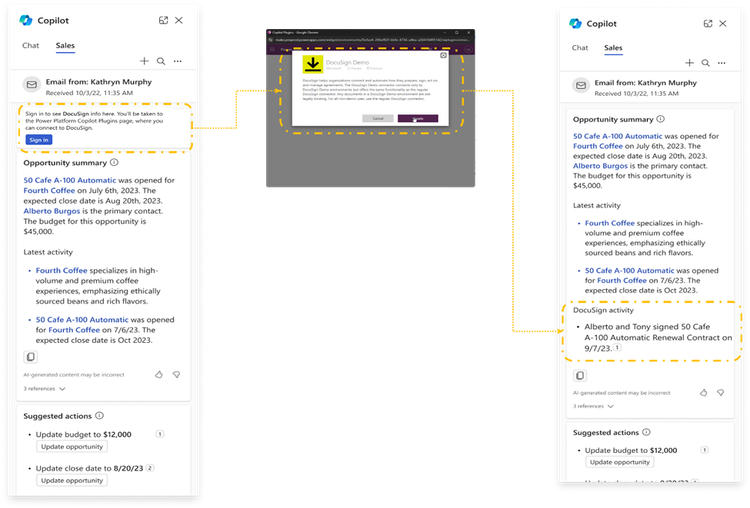 Screenshot showing flow of sign-in to DocuSign from Copilot for Sales.