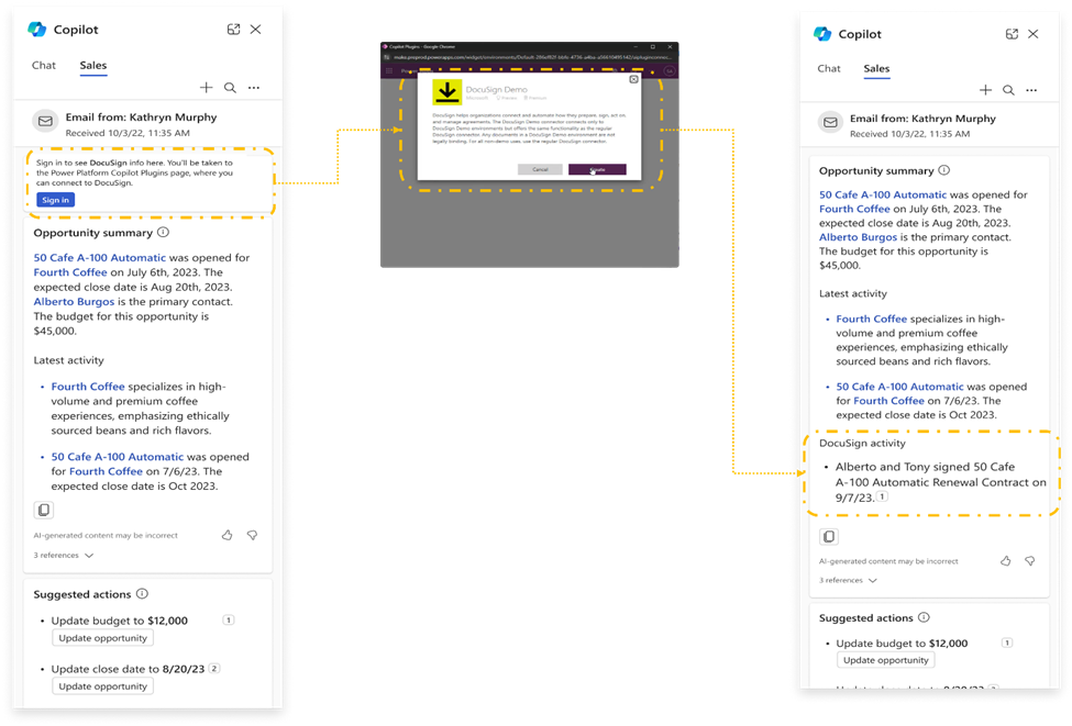Screenshot showing flow of sign-in to DocuSign from Copilot for Sales.