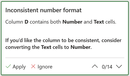 Inconsistent number format suggestion card showing an example of mixed Number and Text cells
