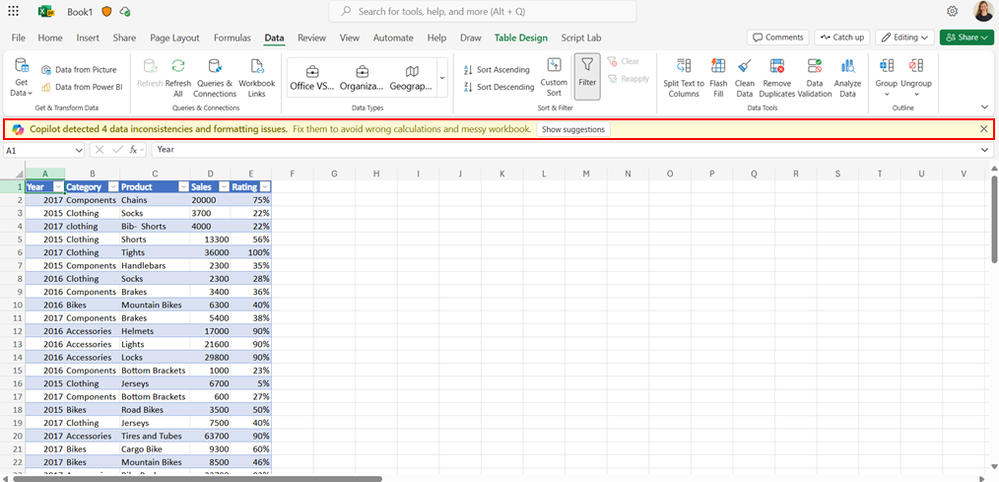 Excel window showing business bar with the text: “Copilot detected 4 data inconsistencies and formatting issues. Fix them to avoid wrong calculations and messy workbook”