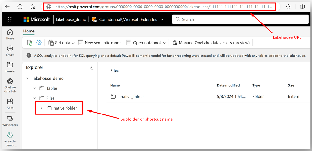 Figure 2 - OneLake lakehouse and subfolder/shortcut details