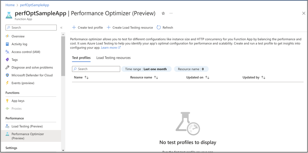 Screenshot that shows Performance Optimizer in Azure Functions