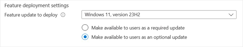 Screenshot of Feature deployment settings in Intune with the options to make a selected update required or optional.