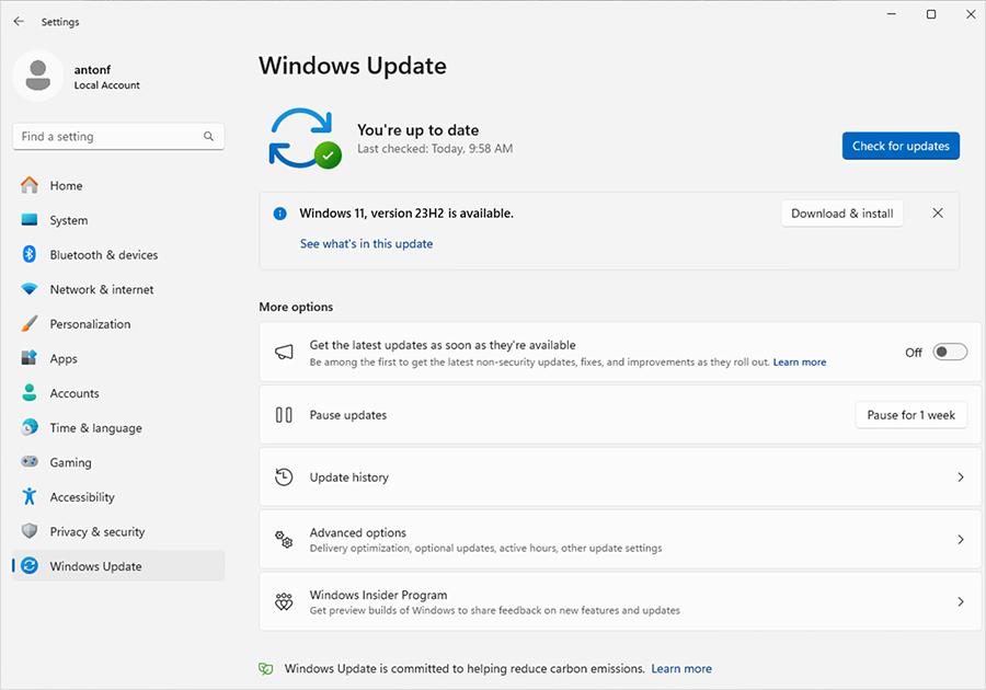 Screenshot of Windows Update settings, showing that the next version of Windows is available and a link to download and install it.