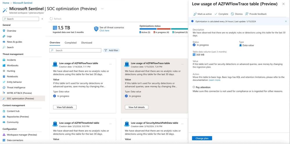 Data value - change ingestion plan - Azure portal
