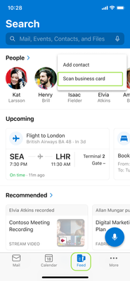 Feeds tab with option at the top to scan business card