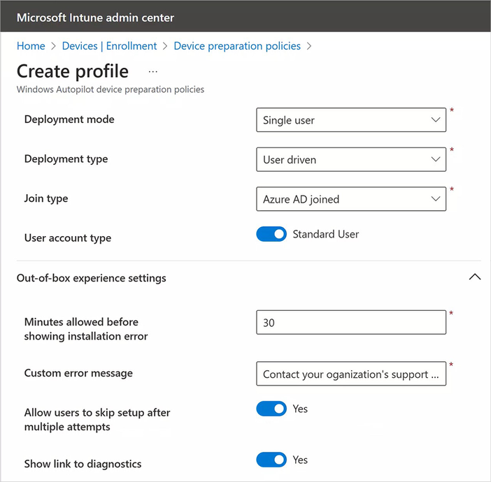 Screenshot of Windows Autopilot device preparation policies configuration screen brings required settings into a streamlined workflow.