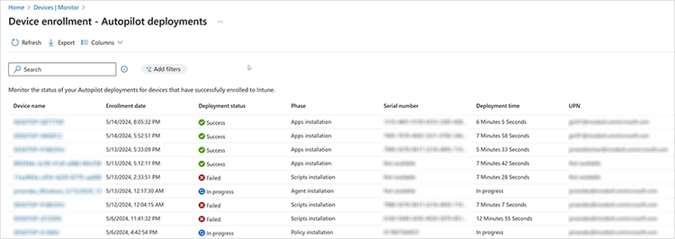 Screenshot of the revised reporting for Windows Autopilot deployments.