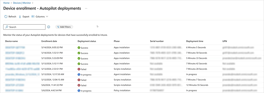 Screenshot of the revised reporting for Windows Autopilot deployments.