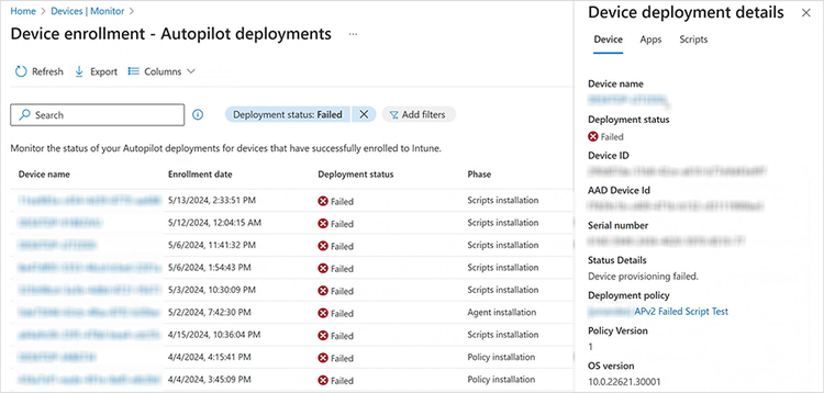 Screenshot of the Device deployment details side menu showing Deployment status as Failed.