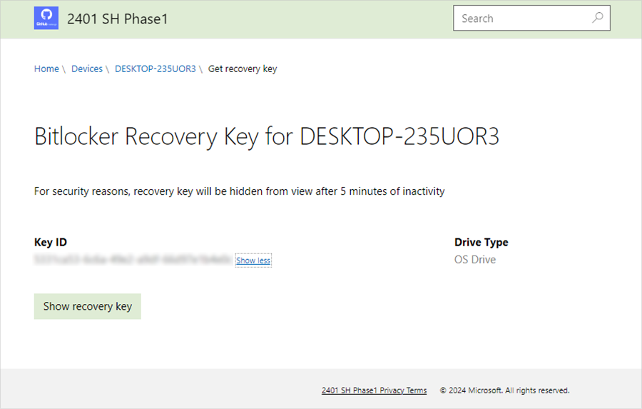 Screenshot of the BitLocker recovery key menu