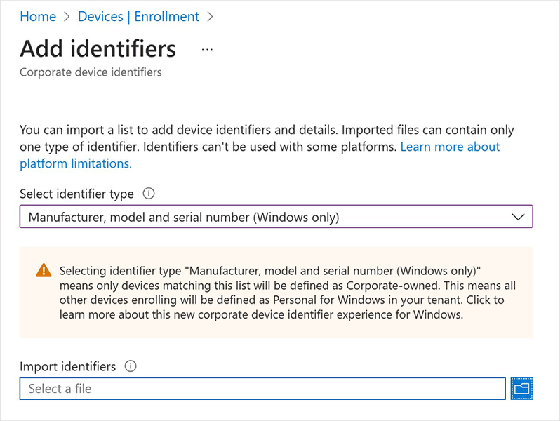 Screenshot of an uploaded a .csv file that contains identifying details of devices to be identified as corporate-owned.