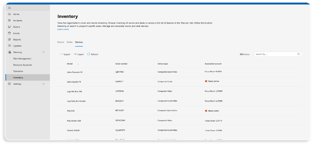 A view of device inventory in the Teams Rooms Pro Management portal