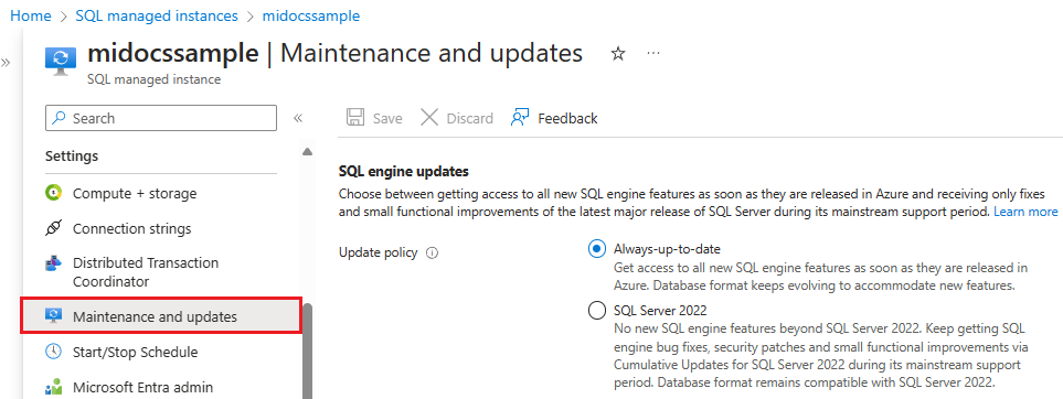 Configuring update policy for an existing managed instance
