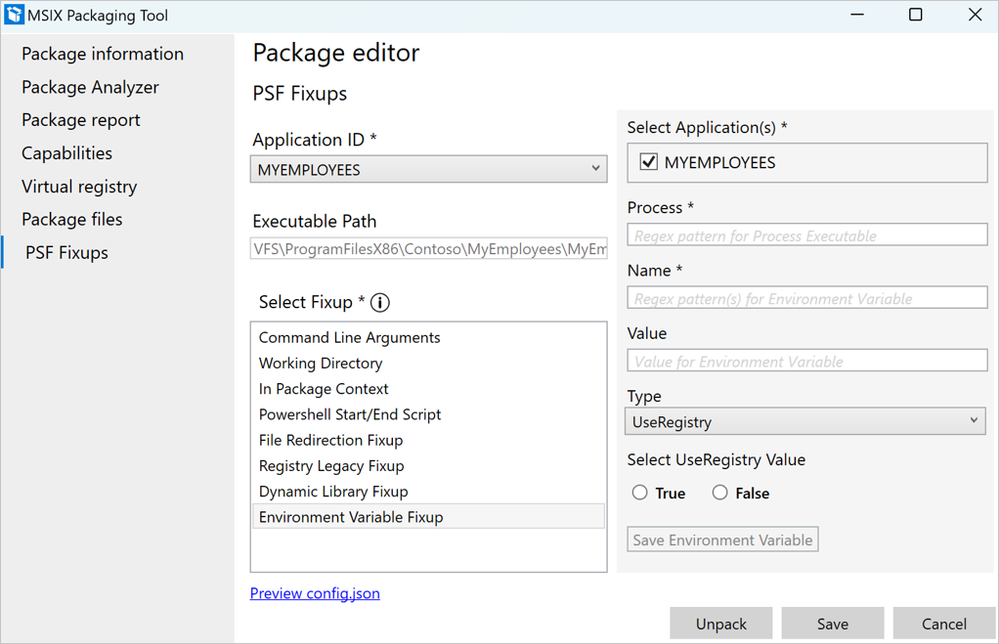 Screenshot of PSF Fixups selection options in in the Package editor of the MSIX Packaging Tool