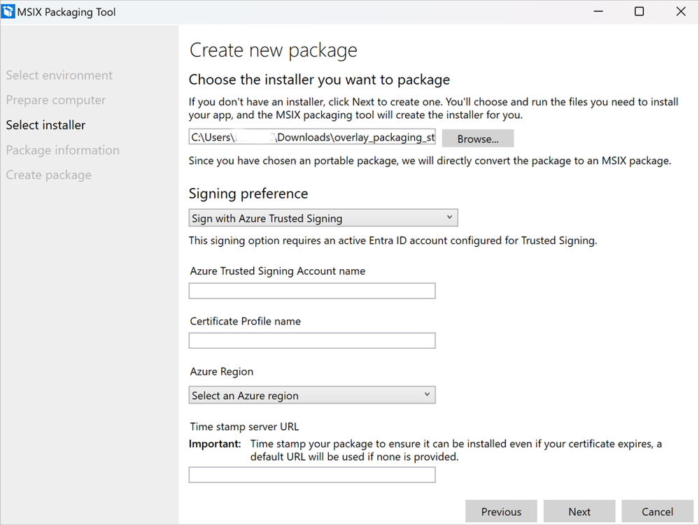Screenshot of Create new package feature and settings in the MSIX Packaging Tool