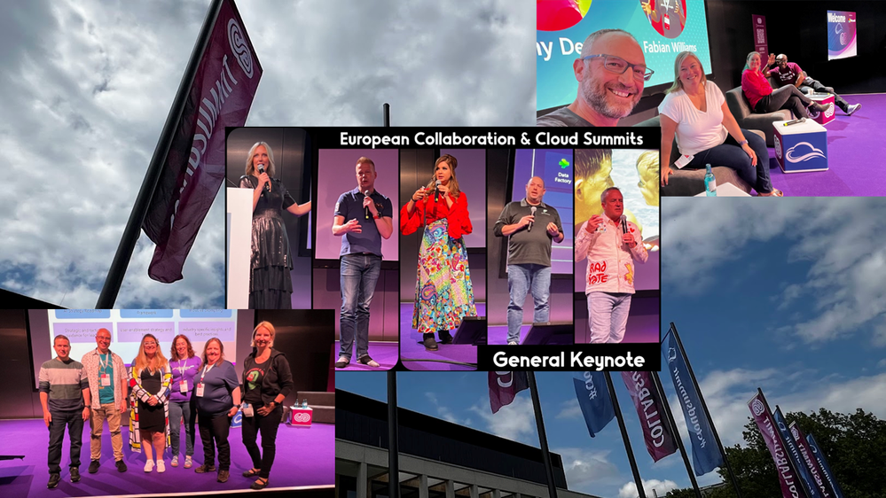 Collage: Several images from the general keynote and general sessions delivered at the European Collaboration and Cloud Summits in Wiesbaden, Germany | May 14-16, 2024.