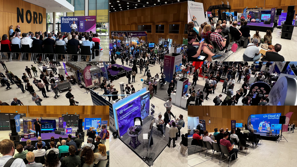 Collage: Several images from the Expo Hall – showcasing the Business Stage, the Cloud AI Startup Stage, and the shorter talks delivered in front of the full-size Airstream trailer (quite the backdrop).