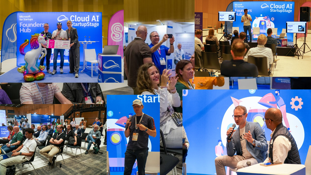 Collage: Several images from the various talks and activities of presenters and attendees at the Cloud AI Startup Stage.