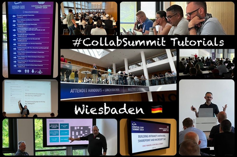 Collage: Several images throughout the day of tutorials – covering topics like getting ready for Copilot, the SharePoint-powered intranet, Power BI, and Microsoft 365 extensibility.