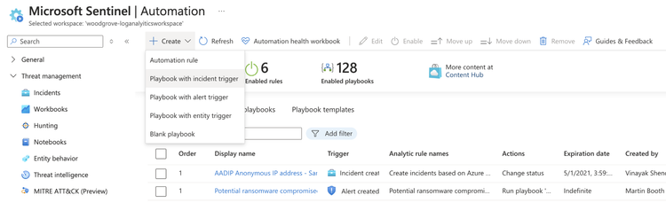 Figure 2: Sentinel automations pane with option to create a playbook based on different triggers.