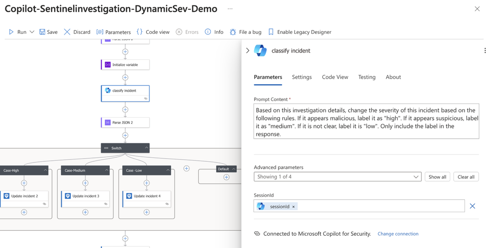 Figure 4: Logic App step to classify the incident based on session details.