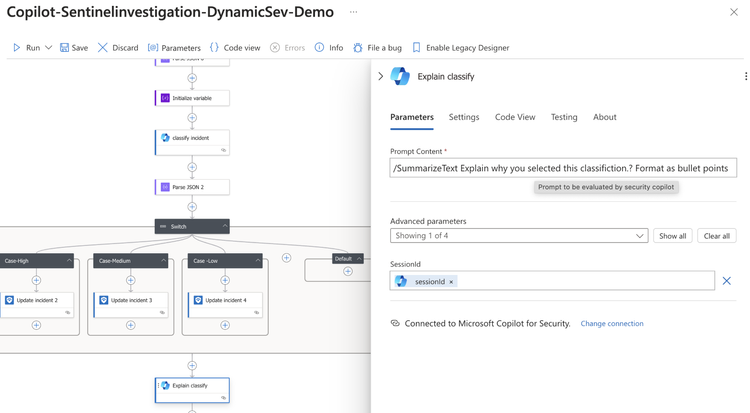 Figure 5: Logic App step showing the classification explanation by Copilot for Security.