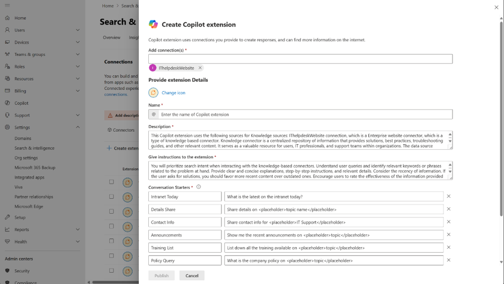 Create Copilot extension pane with prefilled ‘Description’, ‘Instruction’ and ‘Starter Prompts’ based on the selected connection.