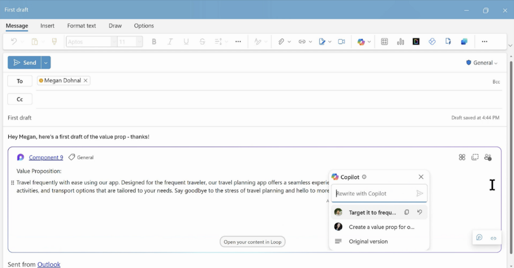 An image of a new email in Outlook with a Loop component inserted. The Loop component shows Copilot and multiple people prompting.