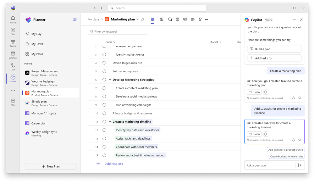 A screenshot showing Planner being used to create a marketing plan.