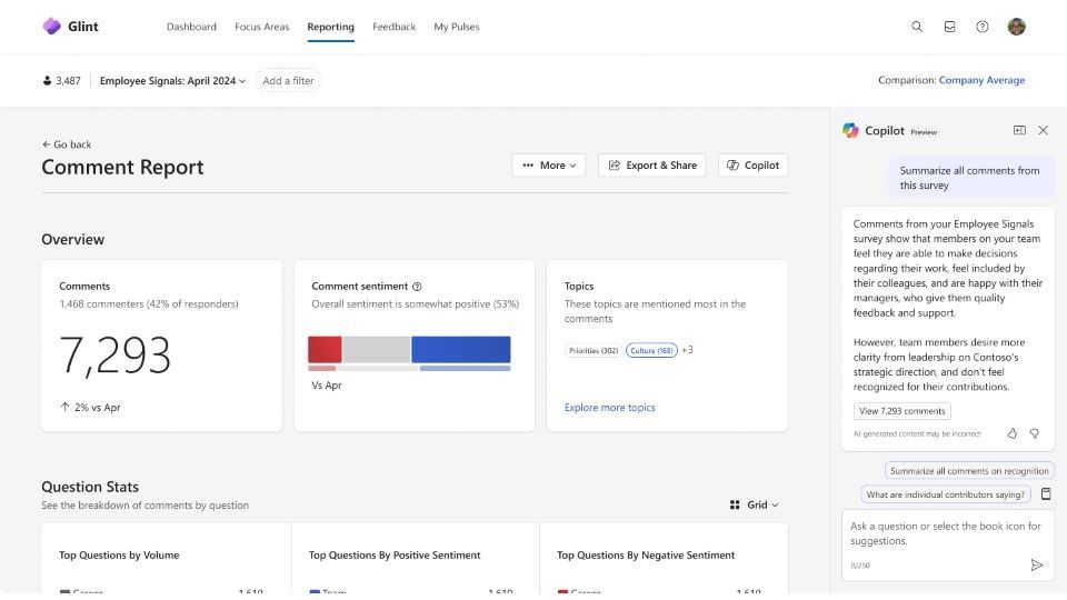 A computer screenshot showing the Viva Glint user interface focused on a Comment report