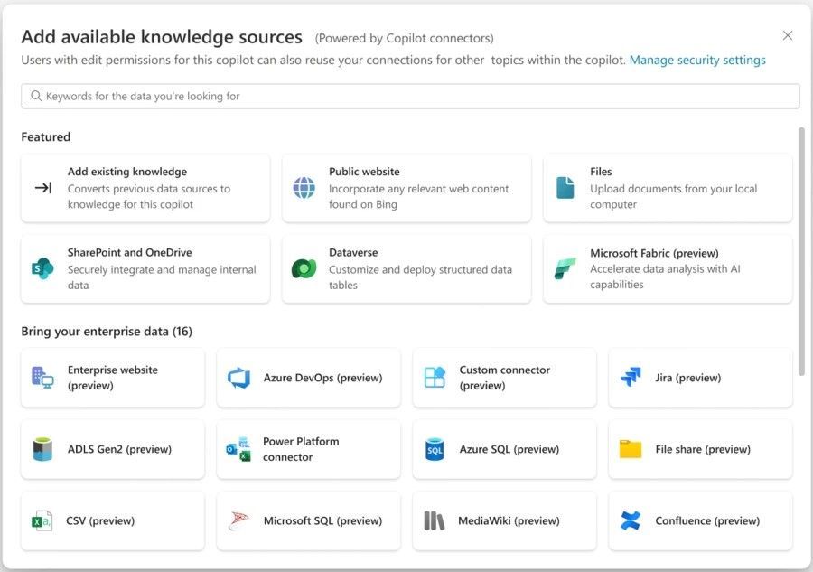 A computer screenshot showing Copilot Studio options to add available knowledge sources.