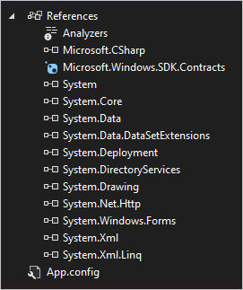 Screenshot of references including Microsoft.Windows.SDK.Contracts