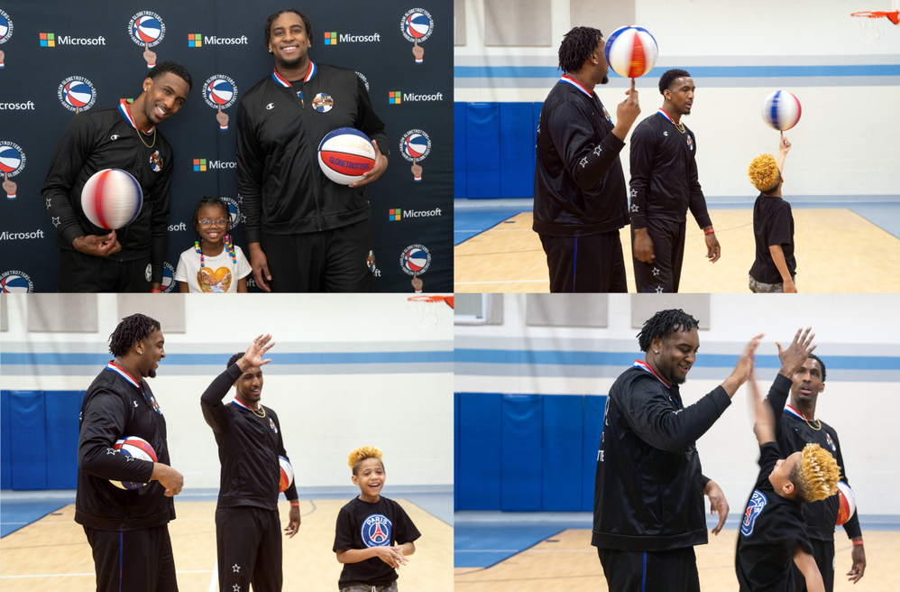 (Top left) A young girl posing with two Harlem Globetrotters players with a logo background, (Top right) A young boy learning how to spin a basketball on his finger next to two Harlem Globetrotters, (Bottom left) A young boy standing next to two Harlem Globetrotters players, (Bottom right) A young boy high-fiving two Harlem Globetrotters players.