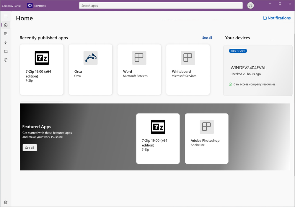 An image of the new Home page design in the Company Portal app for Windows.