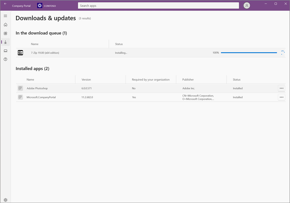 An image of the new Downloads & updates page design in the Company Portal app for Windows.