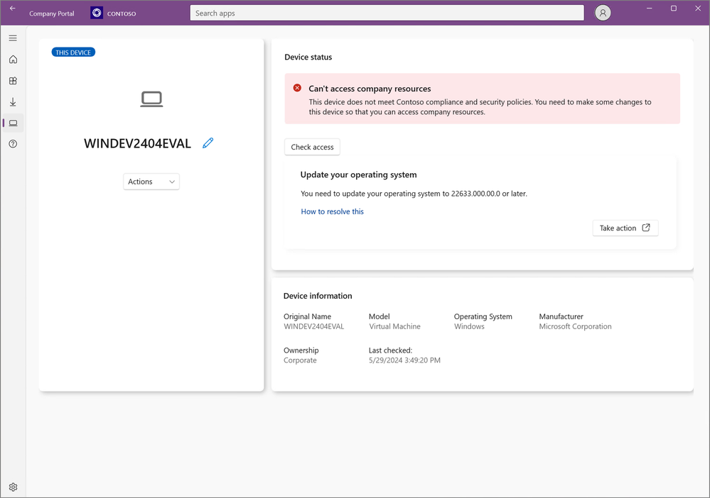 An image of the new Device page design in the Company Portal app for Windows.