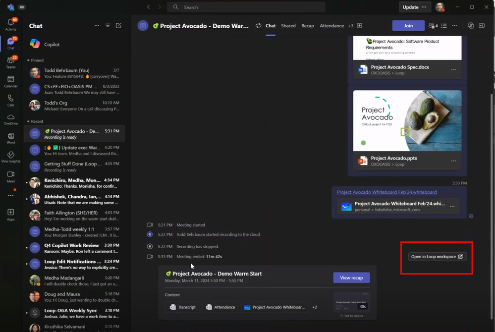 After a meeting, the meeting organizer can select the prompt in the meeting chat to create a Microsoft Loop workspace.
