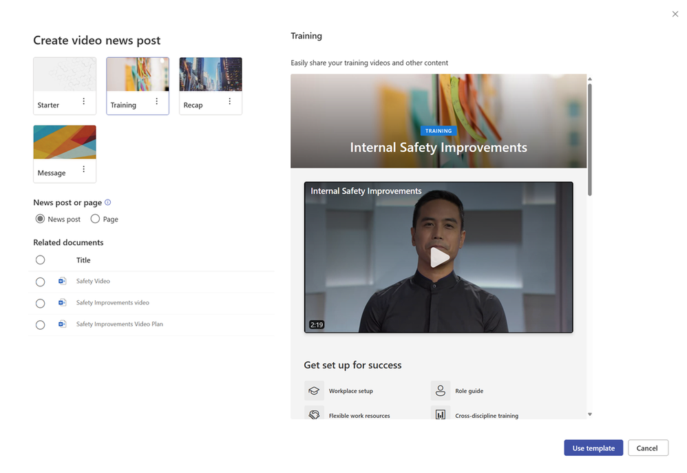 Create a SharePoint page or news article from a video in Stream. Tip: Video metadata, such as the title and description, is copied to the page so make sure it is up to date.