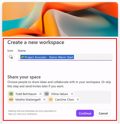 The meeting organizer can add more people and files (not shown) when creating the new Loop workspace.