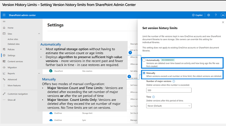 SharePoint admins can automatically or manually set version history controls - shown here in the SharePoint admin center.