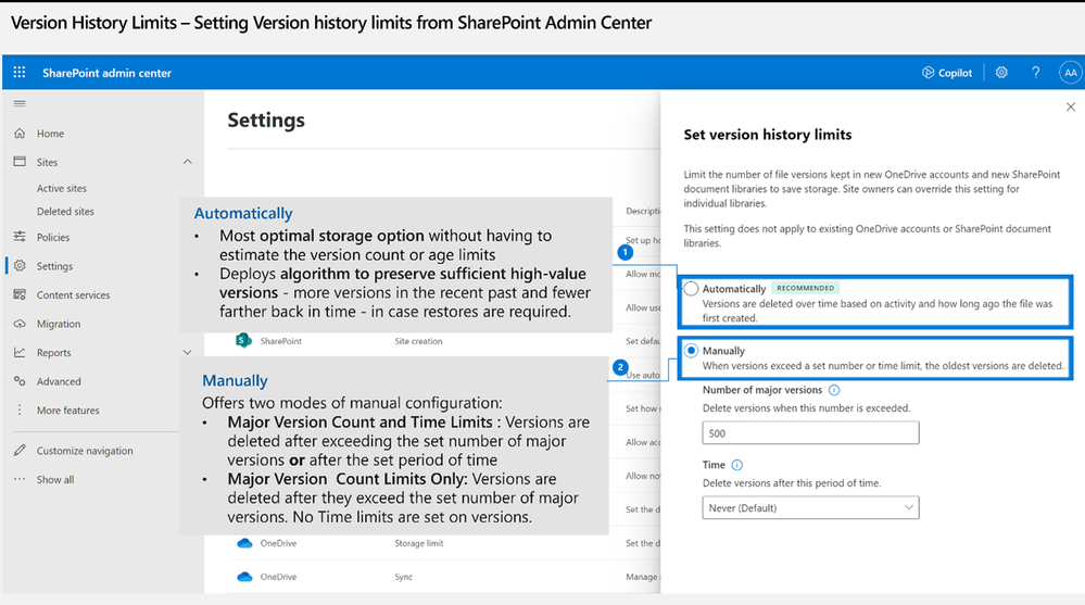 SharePoint admins can automatically or manually set version history controls - shown here in the SharePoint admin center.