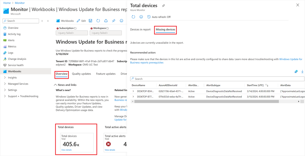 Screenshot of missing devices view in Windows Update for Business reports (a mockup).