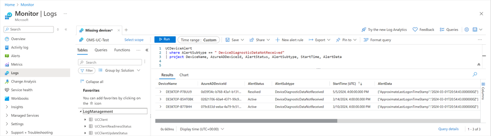 Screenshot of the query to find devices with an active DeviceDiagnosticDataNotReceived alert in Log Analytics (a mockup).
